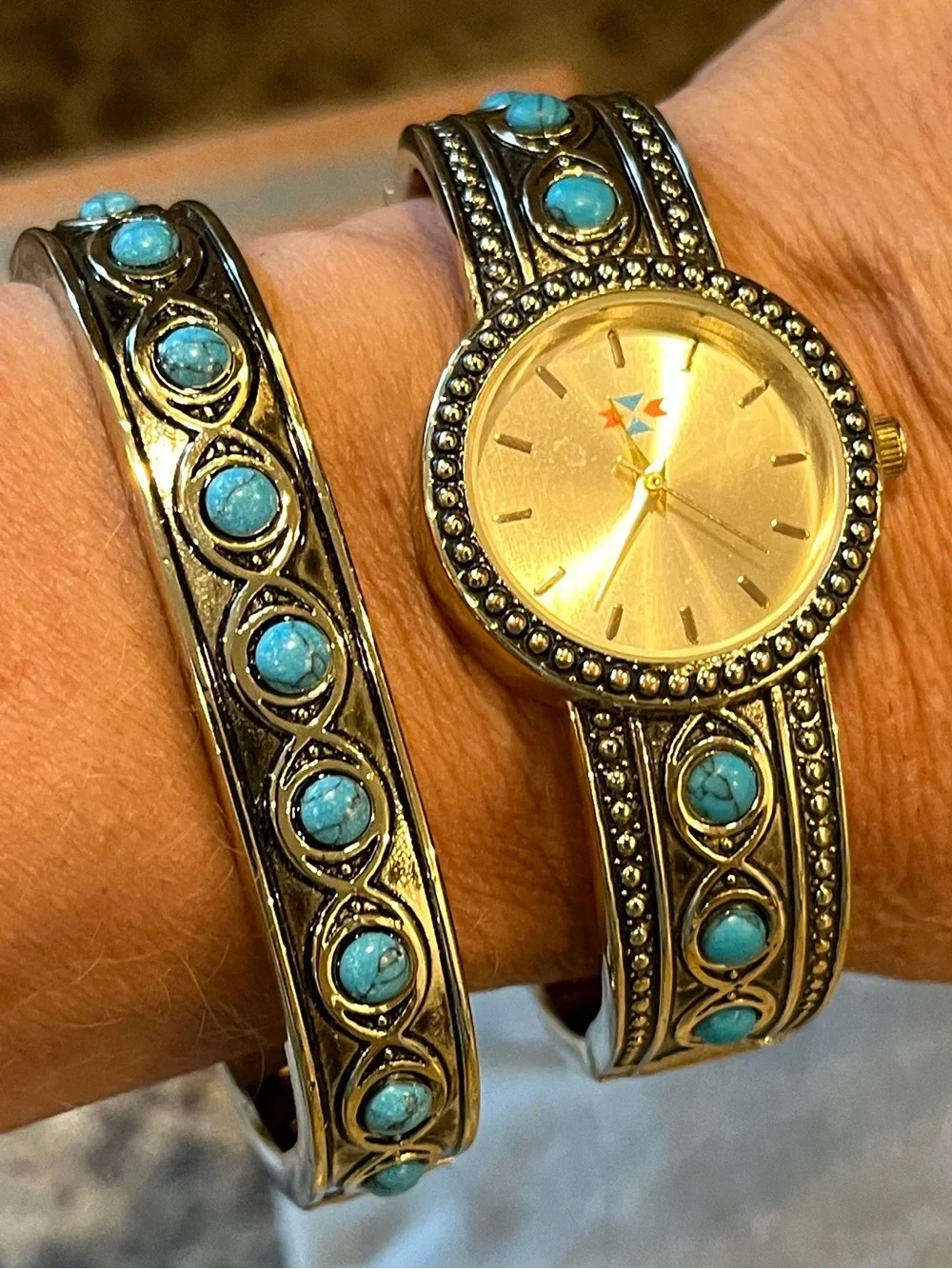 Canyon Sky Turquoise Accent Bangle Watch Set - Gold Tone